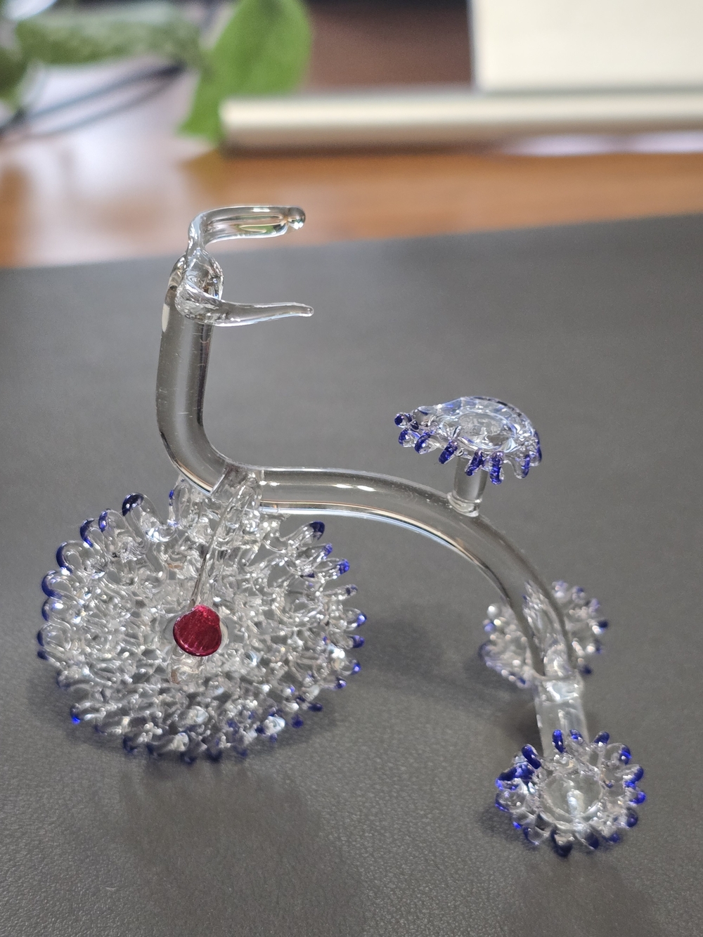 Handblown Clear Glass Tricycle Accent with Blue Tips